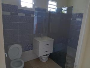 a blue tiled bathroom with a toilet and a sink at Maison zebre in Port-Louis