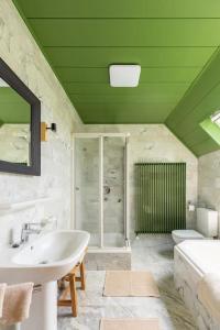 baño verde con lavabo y ducha en Au cœur des champs - Gîte en Nivelles