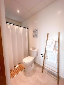 a bathroom with a toilet and a shower curtain at Tres Palmas by La Cambija in Rincon