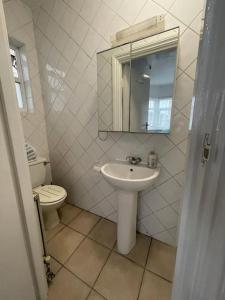ein Badezimmer mit einem Waschbecken, einem WC und einem Spiegel in der Unterkunft New Studio on Golders Green RD in London