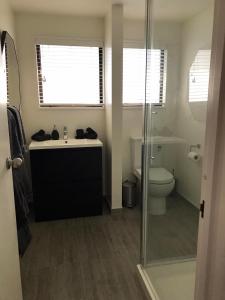 a bathroom with a toilet and a sink and a shower at Vicroad The Mount in Mount Maunganui