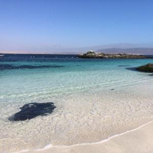 una playa con agua azul y una isla a lo lejos en Aldea Bahiguana, en Bahía Inglesa