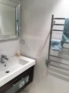 a bathroom with a sink and a mirror and a towel rack at Beachside studio in New Plymouth