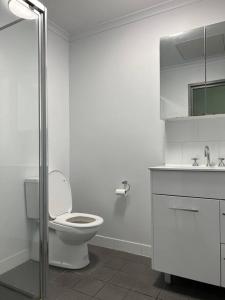 uma casa de banho branca com um WC e um lavatório em 2BR entire apt City central em Adelaide