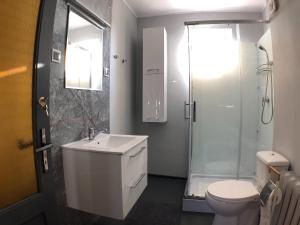 a bathroom with a toilet and a sink and a shower at Bema 3 Darłowo in Darłowo
