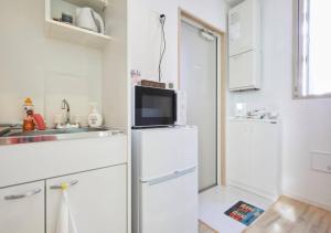 a kitchen with a refrigerator with a tv on top at City Oasis in Tokyo