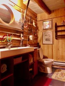 y baño con aseo y lavamanos. en Chalet en bois rond Mauricie en Saint-Alexis-des-Monts
