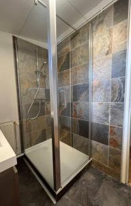 La salle de bains est pourvue d'une douche avec une porte en verre. dans l'établissement Chez Rockette, à Verdun-sur-Meuse
