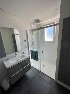 uma casa de banho com um lavatório, um chuveiro e um espelho. em Jolie Villa avec piscine chauffée 8 par 4 m em Erdeven