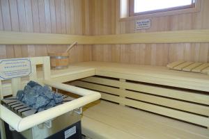 - un sauna avec des boiseries et un tas de rochers dans l'établissement Brandung, à Olpenitz