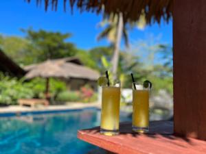 two drinks sitting on a table next to a pool at NatShi Lodge in Ambaro