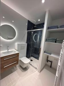 uma casa de banho com um WC, um lavatório e um chuveiro em Charmant 2 Pièces em Antibes