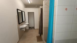 y baño con lavabo, aseo y espejo. en Apartment Gato, en Karlovy Vary