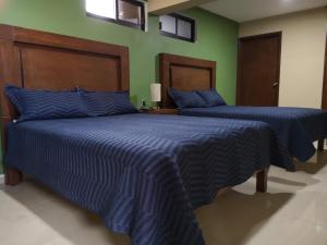 two beds in a bedroom with blue comforters and green walls at Departamento Moderno en Centro de Zacatecas in Zacatecas