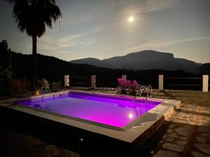 une piscine avec éclairage violet dans une arrière-cour dans l'établissement Cortijo Peña Blanca, à Grenade