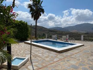 une piscine avec un palmier et des montagnes en arrière-plan dans l'établissement Cortijo Peña Blanca, à Grenade