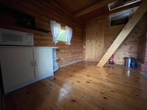 Habitación con cocina y microondas en una cabaña de madera. en MK Kodumajutus en Võrumõisa