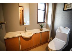 La salle de bains est pourvue d'un lavabo, de toilettes et d'un miroir. dans l'établissement Shirakabanoyado Izumi - Vacation STAY 95387v, à Izumi-Sano