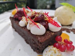 a piece of chocolate cake with fruit on a plate at KAMIENICA Pokoje & Restauracja in Opalenica