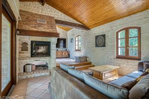 un soggiorno con divano e camino di Jacuzzi - Spa de nage - Parc arboré a Montaigu-de-Quercy