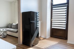 a black refrigerator in a living room with a couch at Apartment Ivana Krško in Krško