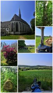 uma colagem de imagens de uma igreja e um campo em Ferienwohnung Amselnest em Lügde