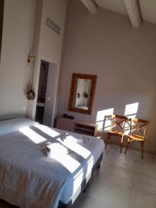 una camera con letto, specchio e sedia di Apparts Et Lofts Bistrot Des Alpilles a Saint-Rémy-de-Provence