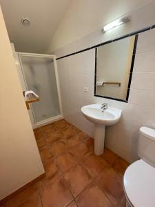 uma casa de banho com um lavatório, um WC e um espelho. em Gîtes du Clos Cèze Art em Saint-André-de-Roquepertuis