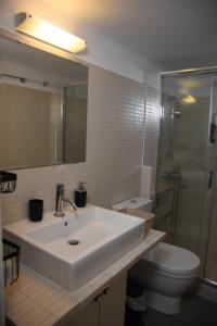 bagno con lavandino, servizi igienici e specchio di Velvet new apt in Ilissia ad Atene