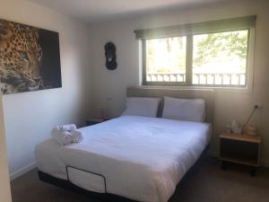 Schlafzimmer mit einem Bett mit weißer Bettwäsche und einem Fenster in der Unterkunft Luxe & Superior 2BR Villas Patio Free Parking & Wifi in Launceston