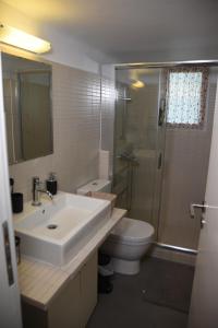 ein Bad mit einem Waschbecken, einem WC und einer Dusche in der Unterkunft Velvet new apt in Ilissia in Athen