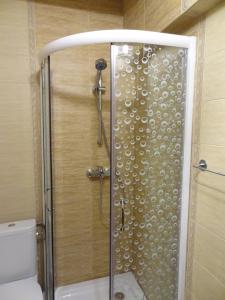 a shower with a glass door in a bathroom at Amour Rouge Suite (Adults Only) in Galaţi
