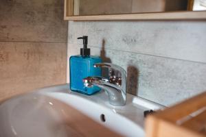 a soap dispenser sitting on top of a sink at Domki na Górniej Łące - Dwa Wróble in Łazany +157 photos