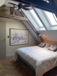 una camera con letto e ventilatore a soffitto di Le Clos Luly a Neulliac