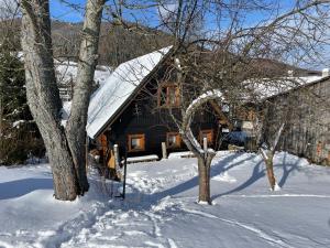 a log cabin with a snow covered roof at Chalupa Čičmany in Čičmany