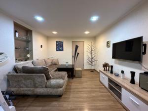 a living room with a couch and a flat screen tv at Stumari Apartaments in Tbilisi City