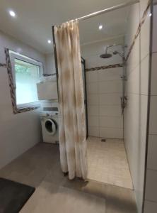 a bathroom with a shower with a toilet and a sink at Wohnung am Waldrand in Melle