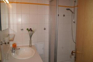 a bathroom with a sink and a shower at Maisionette Wohnung im Hafenmeisterhaus Lauterbach in Lauterbach +14 photos