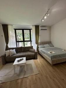 ein Wohnzimmer mit einem Sofa und einem Tisch in der Unterkunft BeGreat in Belgrad
