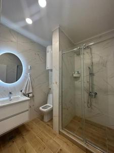 ein Bad mit einer Dusche, einem Waschbecken und einem WC in der Unterkunft BeGreat in Belgrad