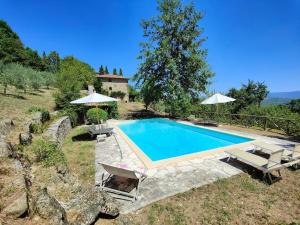 a swimming pool in a yard with chairs and umbrellas at CASA CAROLE - Lake View Villa in Caprese Michelangelo