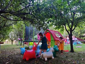 una donna e due bambini che giocano con animali giocattolo in un parco di Barton Garden House a Ciorogârla