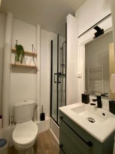 a bathroom with a toilet and a sink and a shower at Le nid vert in Eaux-Bonnes