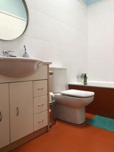 y baño con aseo, lavabo y espejo. en Casa de los Chilenos en Oviedo