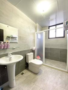 玉里鎮にあるHappy B&Bのバスルーム(トイレ、洗面台、シャワー付)