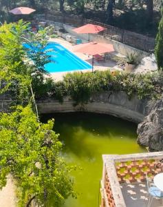 uma piscina de água verde com mesas e guarda-sóis em La Duchesse - SPA-JACUZZI - MASSAGE- SAUNA - 4 SAISONS - Piscine chauffée Toute l'année - 800m centre ville em Nyons