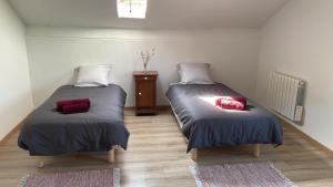 a room with two beds with red pillows on them at Maison La Vielmuroise in Vielmur-sur-Agout