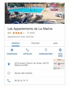 a page of a website with a picture of a pool at Les Appartements de La Marina in Sanary-sur-Mer