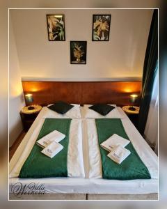 a bed with two green pillows on top of it at Villa Wernera Hotel & Spa in Szklarska Poręba