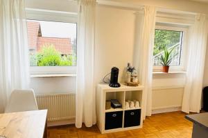 a living room with a window and a white shelf at Schöne Wohnung "Bethel" in Bad Hersfeld in Bad Hersfeld